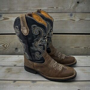🔥 California🤠Cowboy Boots Brown Black Leather Embroidered Western Square Toe 9